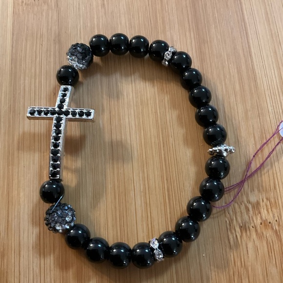 Hand Crafted Bracelet Black with Rhinestone Cross Pave Beads Stretch Unisex - Picture 4 of 7
